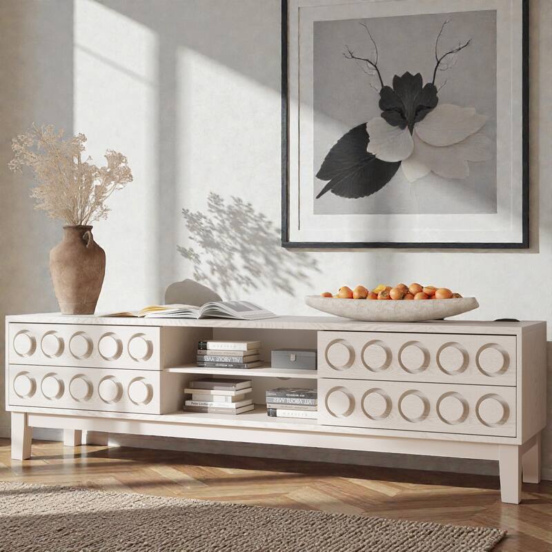 Mid-Century Modern TV Console Table with 4 Drawers for TVs up to 75 Inch, Media Entertainment Center with Storage