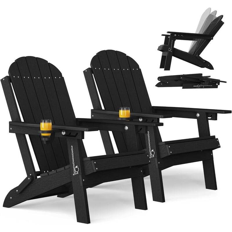 WINSOON Outdoor All-Weather HDPE Folding Adirondack Chair with Cup Holder & Adjustable Back Set of 2 - Black