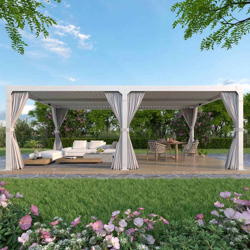 Outdoor Louvered Pergola, Outdoor Patio Hardtop Gazebo, Adjustable Metal Roof Curtains and Netting Included