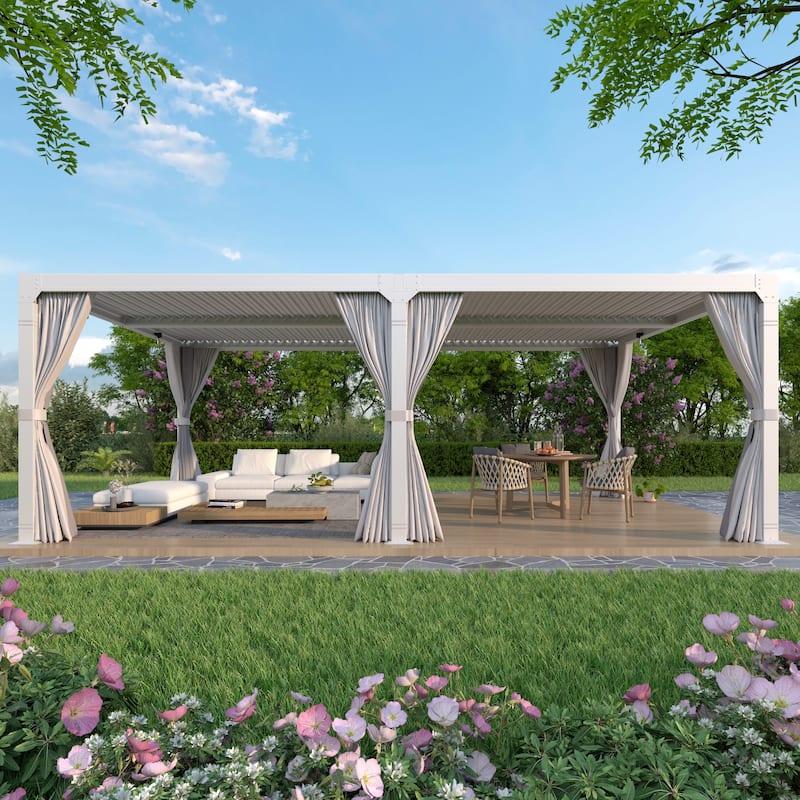 Outdoor Louvered Pergola with Optional Winter Cover – Adjustable Hardtop Gazebo, Steel Frame - 12x24 ft - White