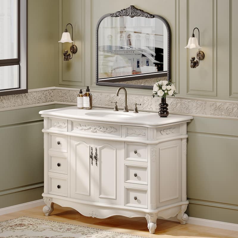 48-Inch British Vintage Solid Wood Bathroom Vanity with Sink – Elegant Antique-Inspired Design
