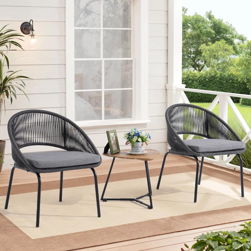 Gray Woven Rope Bistro Set-3-Piece Patio Chairs with Seat Pads