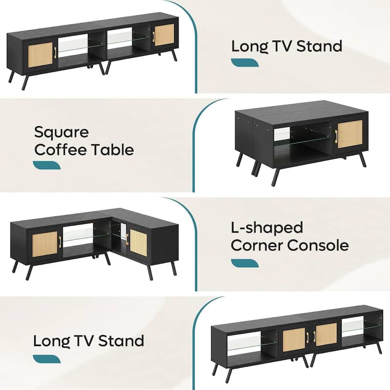 80'' Rattan Black TV Stand for TVs up to 85", Boho LED TV Console with Adjustable Shelves and doors