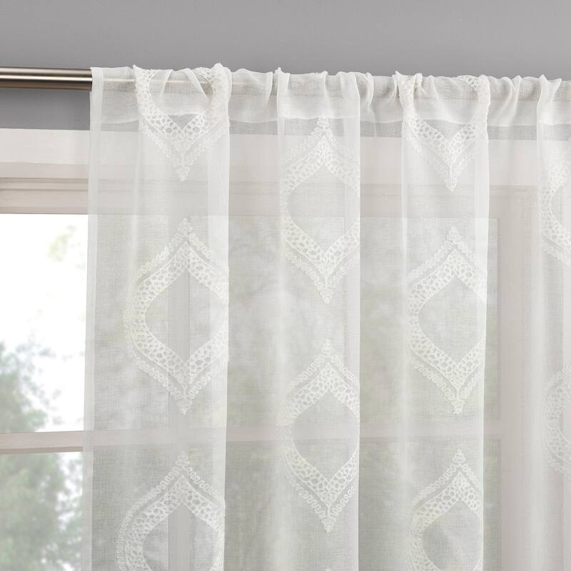 No. 918 Ravenna Embroidered Medallion Sheer Rod Pocket 1-Piece Curtain Panel, Single Panel - 50" x 63" - White