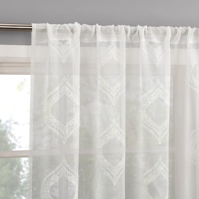 No. 918 Ravenna Embroidered Medallion Sheer Rod Pocket 1-Piece Curtain Panel, Single Panel