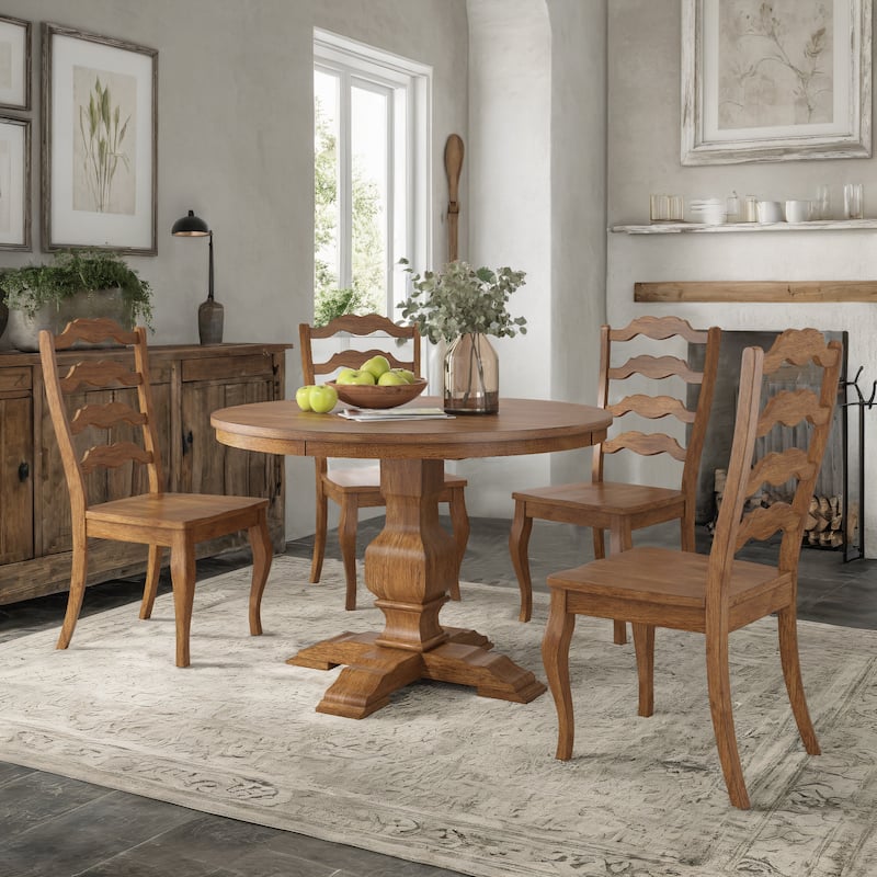 Ronda 45" Round Solid Wood Top Dining Set with French Ladder Back Chairs - Oak Table - Oak Chairs