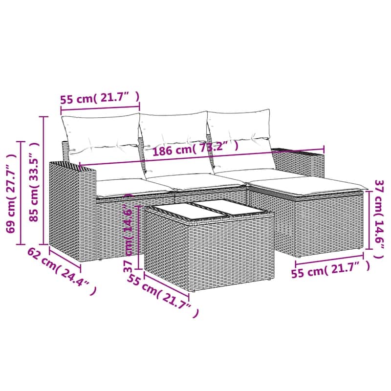 vidaXL Patio Sofa Set with Cushions Outdoor Conversation Furniture Poly Rattan - 25.8" x 24.4" x 27.2"