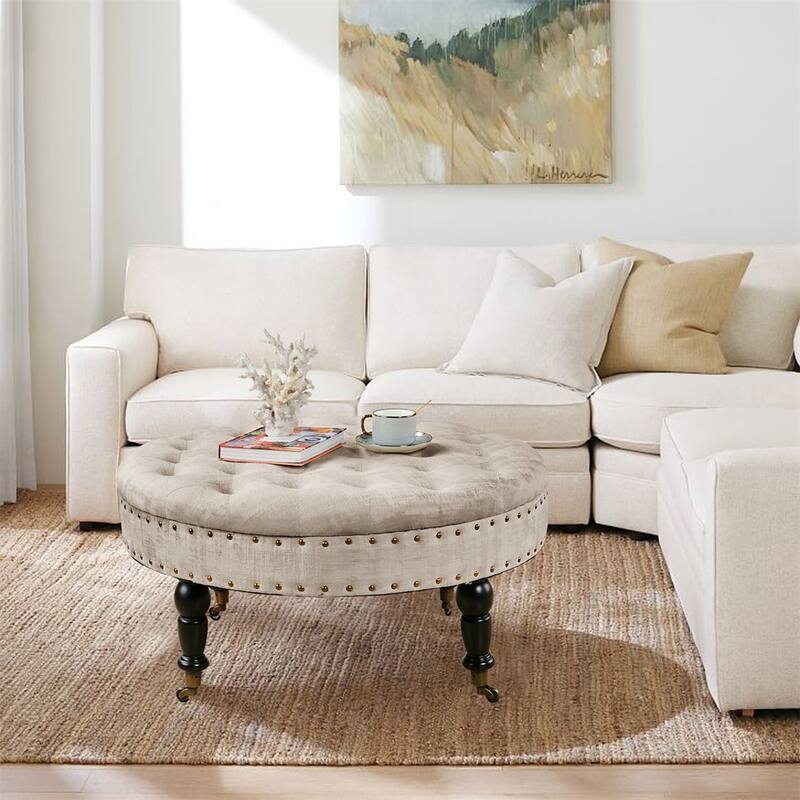 Round Velvet Tufted Coffee Table Ottoman, 34" x 34" x 17" H