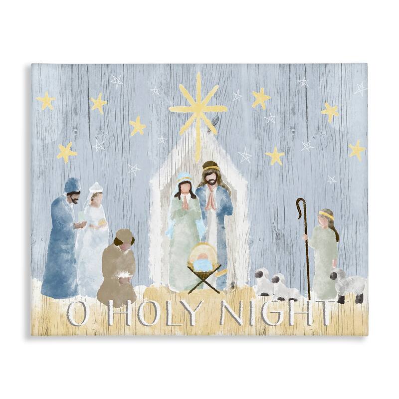 Stupell Nativity Barn Stable Christmas Holiday Rustic Scene Canvas Wall Art - Blue - 16 x 20