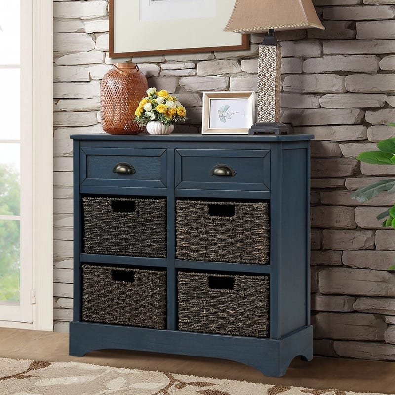 28'' Wood Storage Cabinet with 2 Drawers and 4 Rattan Basket - Blue
