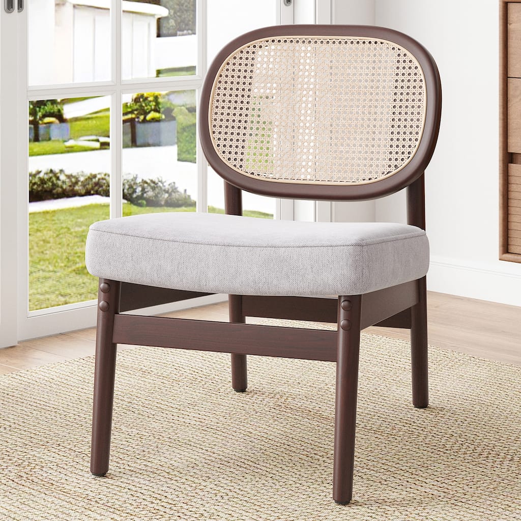 Rattan Accent Chair, Upholstered Living Room Chair with Rattan Back & Wood Frame, Mid-Century Modern Reading Chair