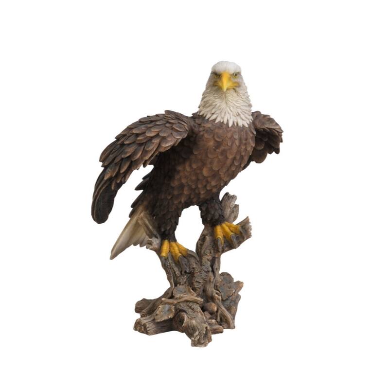 17.5" Brown Contemporary Bald Eagle on Stump with Wings Out Statue