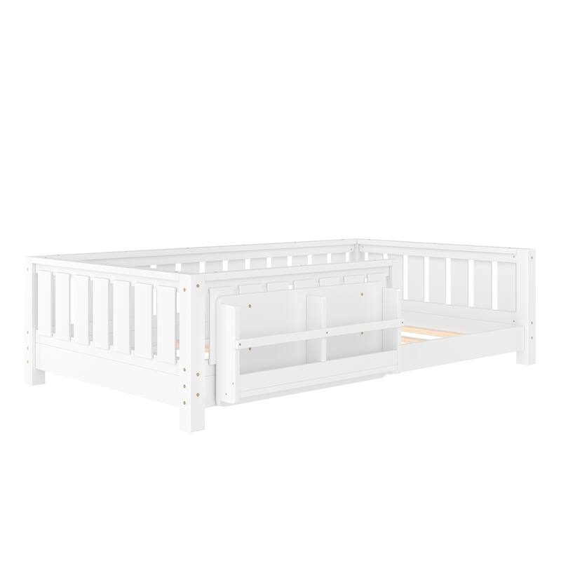 Montessori Floor Bed Low Profile Kids Bed with Rails & Bookshelf