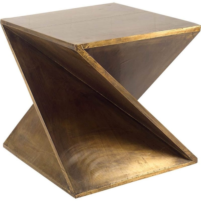 21 Inch Brass Clad Distressed Wood Abstract Z Shape End Table - 20" x 20" x 20.75"