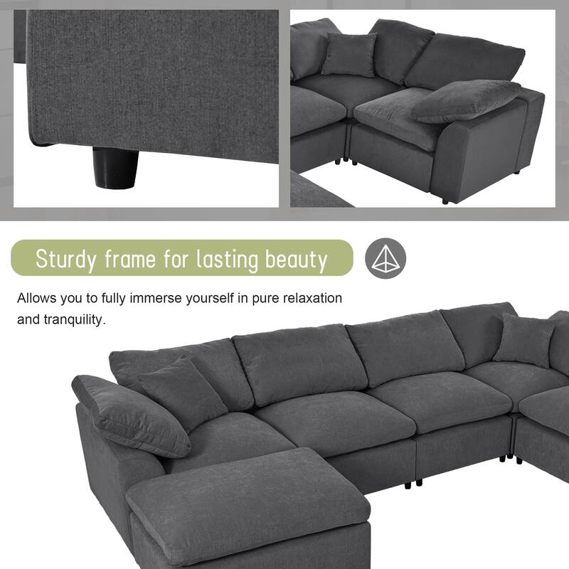 129.3'' L-Shaped 7-Seater Sectional with Ottoman and Pillow, Spacious Design for Living Room or Office Use