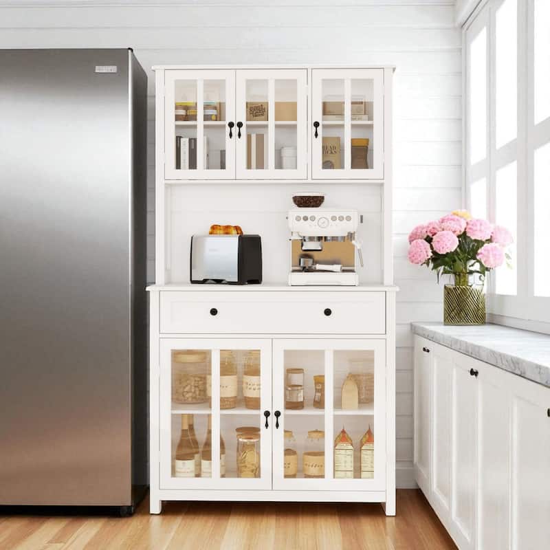 71" Freestanding Kitchen Pantry Cabinet with Microwave Shelf, Glass Doors, Adjustable Shelves, and Drawer - White