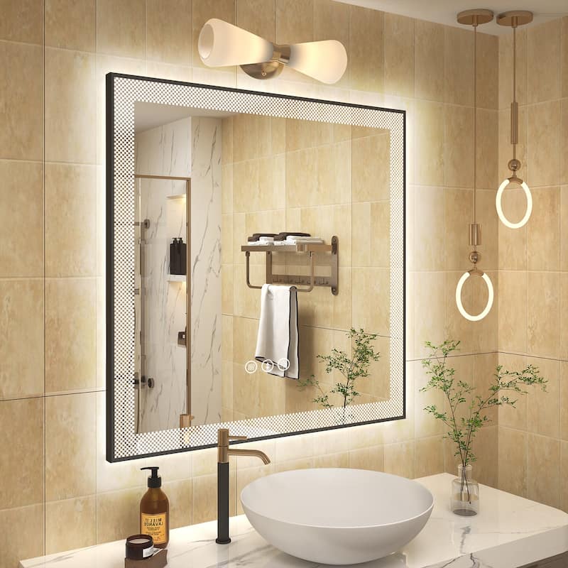 KIOTEE Metal Frame Frontlit & Backlit Anti-Fog Tempered Glass Bathroom Vanity Mirror Wall Mirror with ETL and 3-Year Warranty - 36x36