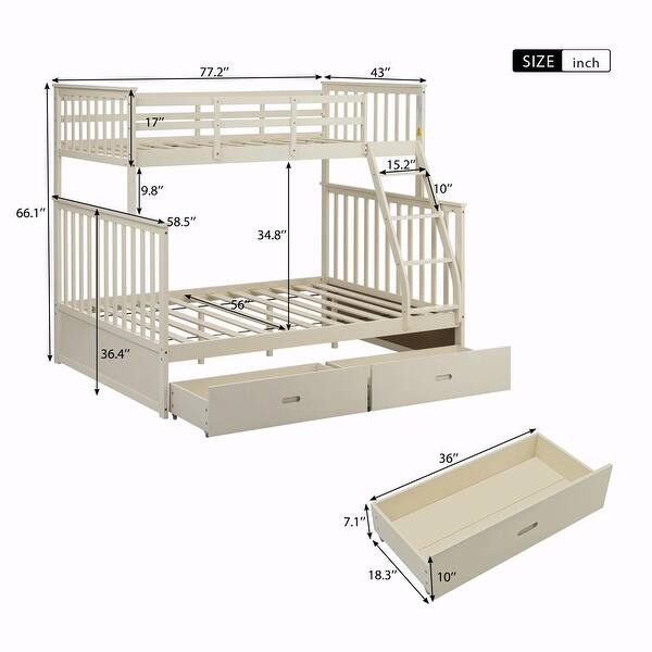 dimension image slide 1 of 4, Twin Over Full Bunk Bed with Storage Drawers, Ladder, and Safety Guard Rails