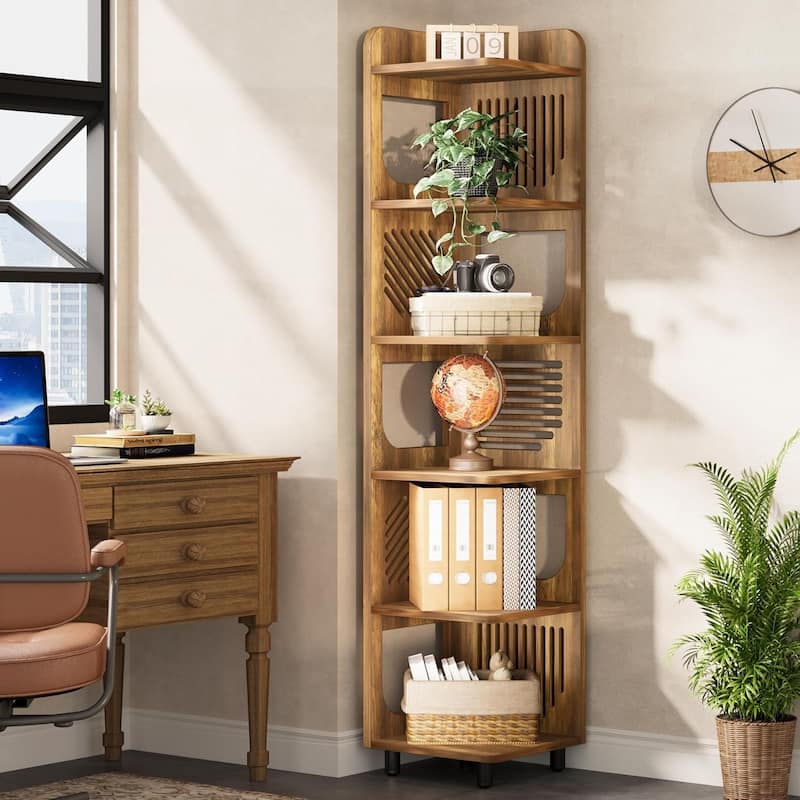 6-Tier Narrow Corner Shelf Stand, 71-Inch Rustic Tall Corner Bookshelf