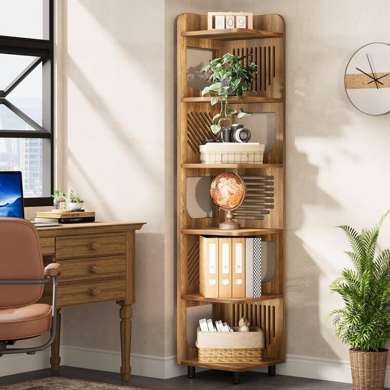 71 Inches 6-Tier Tall Corner Shelf, Corner Bookcase for Living Room - Rustic Brown