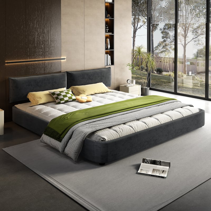 King Size Cloud Bed Frame with Oversized Padded Movable Headboard, Chenille Upholstered Bed with Round Corner