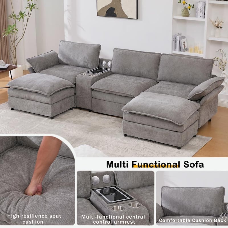 Modern Modular Sectional Sofa with Storage Console and Wireless Charging, Ottomans