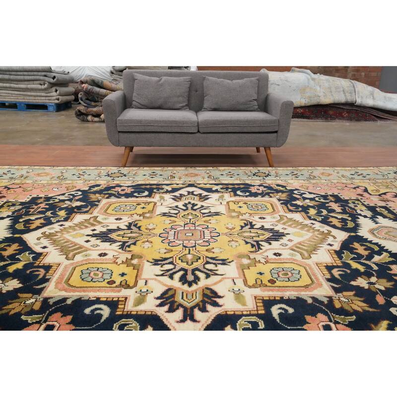 Hand Knotted Oriental 100% Wool Carpet Transitional Floral Navy Blue & Blues Oushak Area Rug - 13' 11'' X 9' 10''