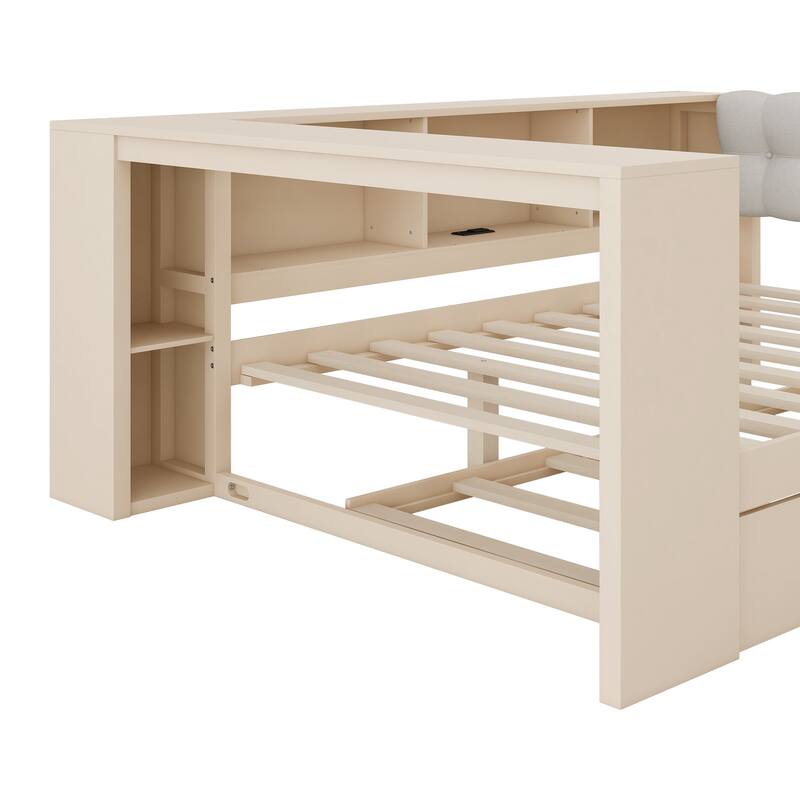 Wood Full/Twin Platform Bed with Storage Shelves, Trundle, Charging Station & Upholstered Headboard