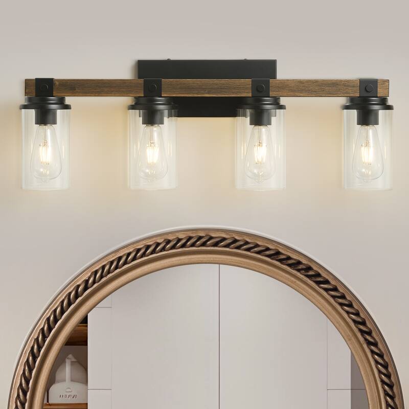 Starsky 2/3 Lights Farmhouse Modern Dimmable Bathroom Glass Vanity Light with Clear Cylinder Shade - 29.5'' - Light Brown Wood