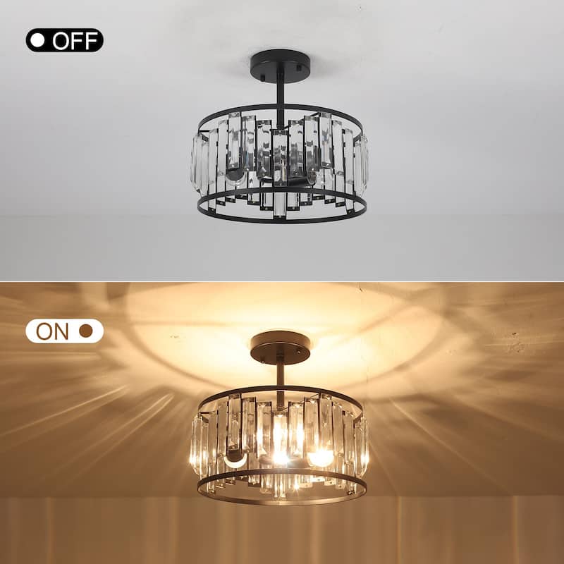 3-Light Modern Farmhouse Crystal Drum Semi-Flush Mount Lighting, Classic Semi Flush Mount Chandelier for Living Room Dining