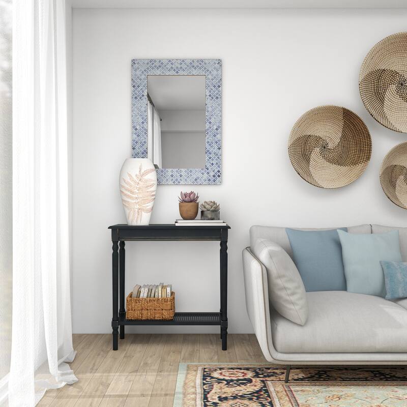 Blue Wood Quatrefoil Room Wall Mirror with Bone Inlay