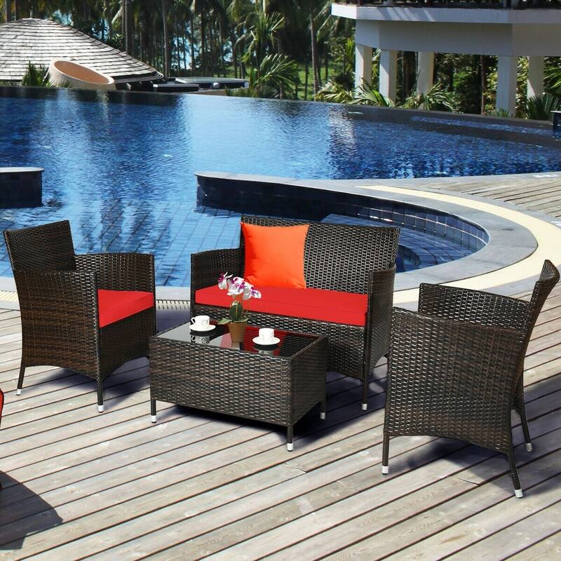 Rattan Patio Conversation Furniture Set with Glass Table and Comfortable Sofa - 4 Pcs