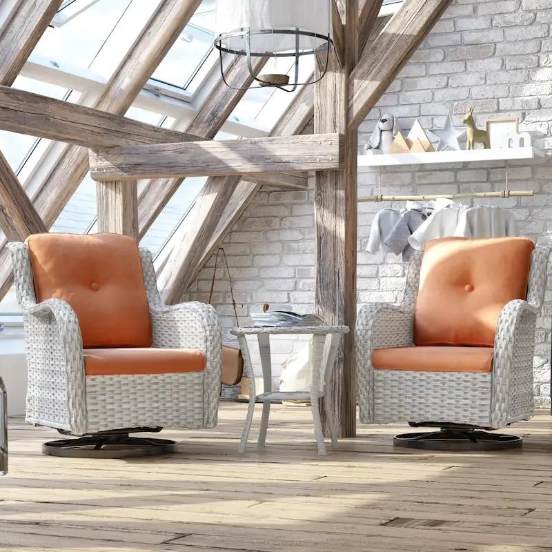 Cozywor 3-Piece Grey Wicker Patio Swivel Outdoor Rocking Chair Set