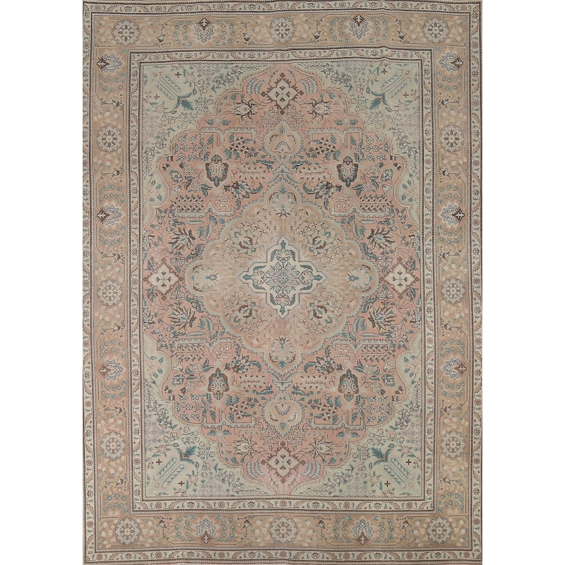Pink Geometric Tabriz Persian Vintage Area Rug Handmade Wool Carpet - 8'8"x 11'2"