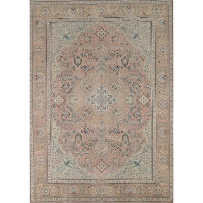 Pink Geometric Tabriz Persian Vintage Area Rug Handmade Wool Carpet - 8'8"x 11'2"