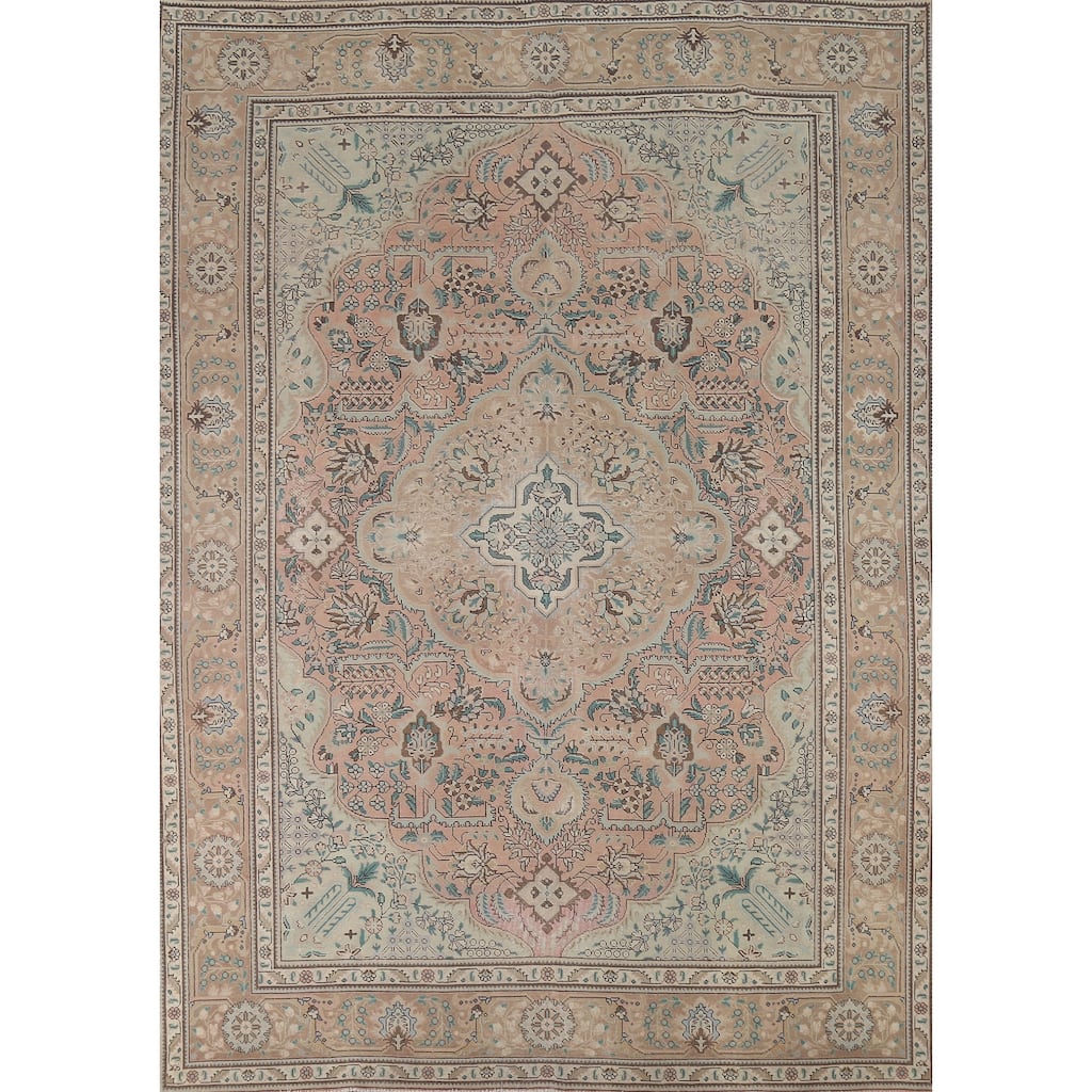 Pink Geometric Tabriz Persian Vintage Area Rug Handmade Wool Carpet - 8'8"x 11'2"