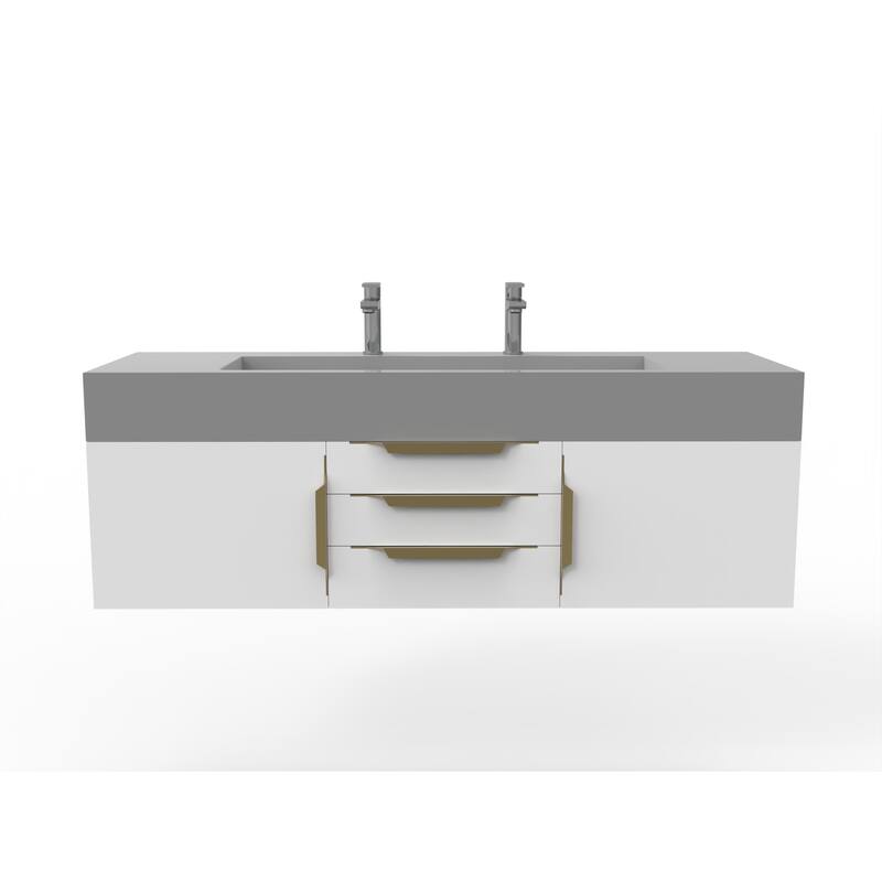 Nile 60" Wall Mounted Bathroom Vanity Set with Gray Solid Surface Top - White - Gold Finish