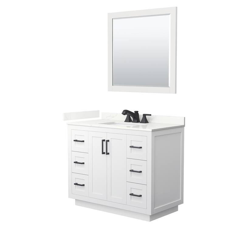 Miranda 42-inch Single Vanity, Quartz Top, 34-inch Mirror - White, Black Trim, Giotto Quartz Top