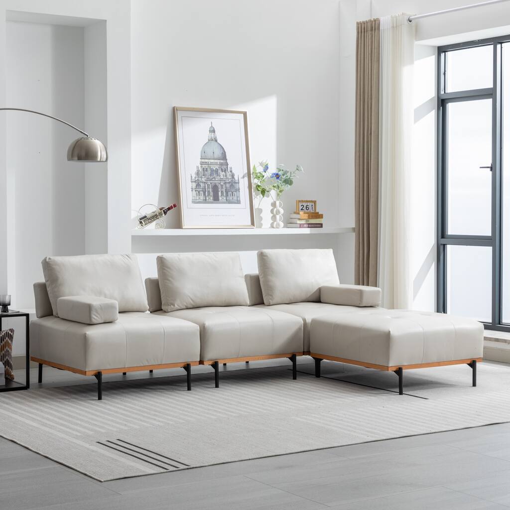 Beige 100.7'' L-Shaped 3-Seat Sofa with Movable Ottoman