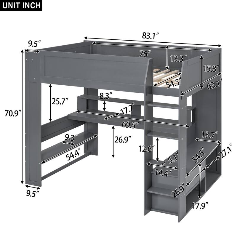 Dark Gray Full Size Solid MDF Gaming Loft Bed with Desk & Shelves