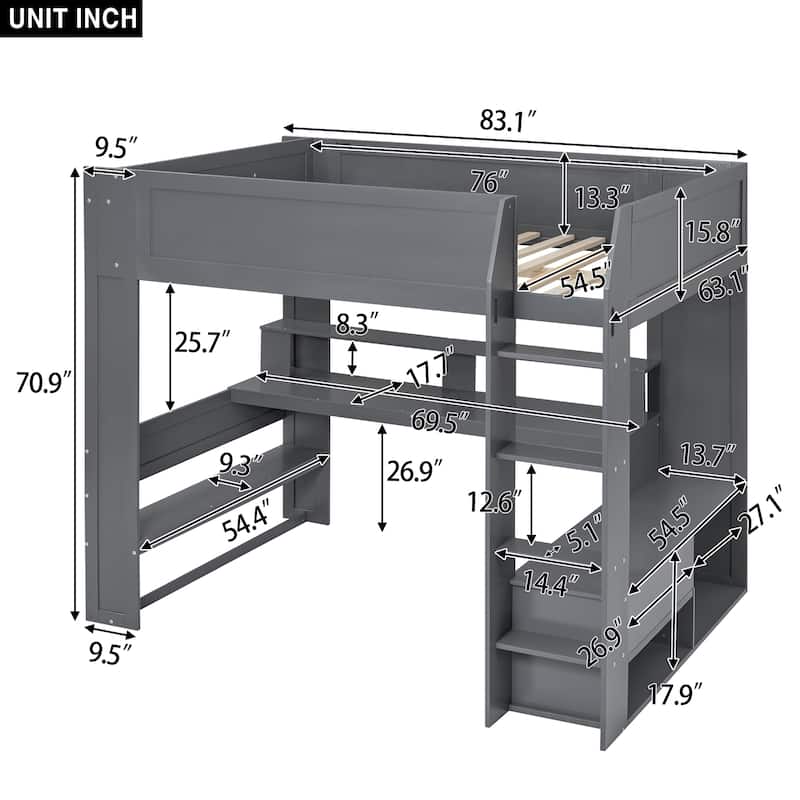 Dark Gray Full Size Solid Wood MDF Gaming Loft Bed with Desk, Shelves, LED, and Charging Station