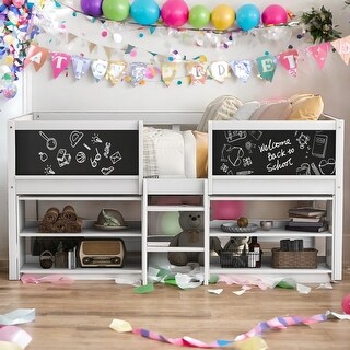 Twin Size Low Loft Bed with 2 Movable Shelves and Ladder,with Decorative Guardrail Chalkboard,Easy Assembly,White