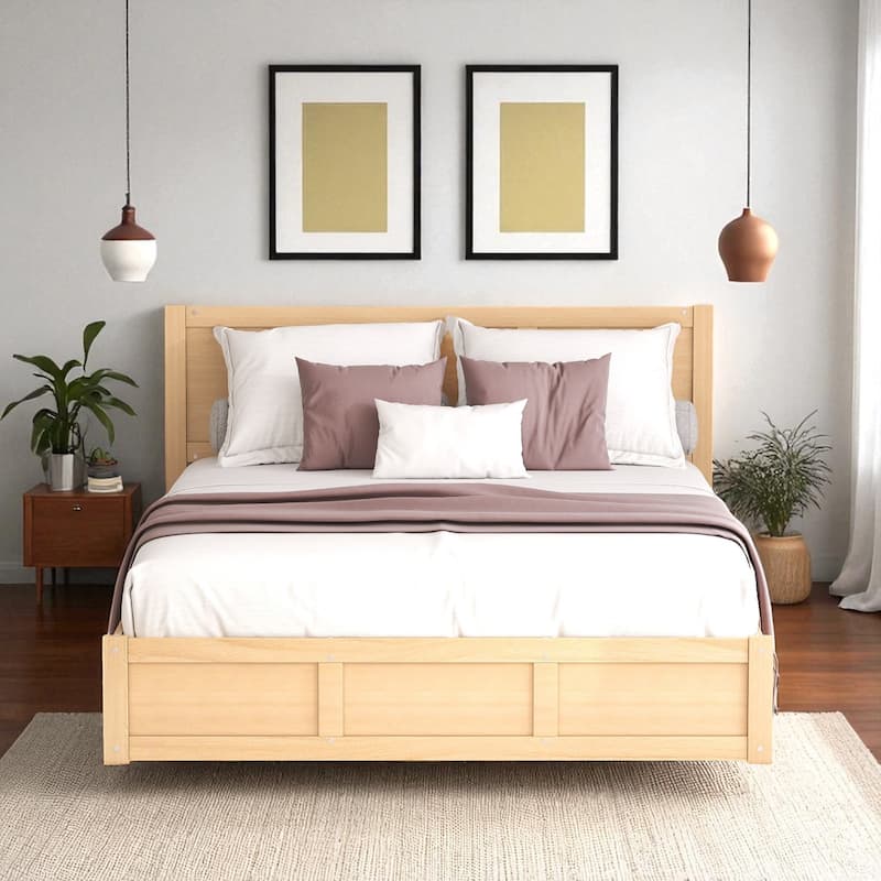 Full/Queen Size Wood Platform Bed with Headboard, 2 Drawers, Extra Storage Space & Sturdy Slats