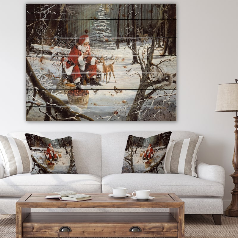 Designart 'Santa Claus with deer in snowy woods' Print on Natural Pine Wood - White