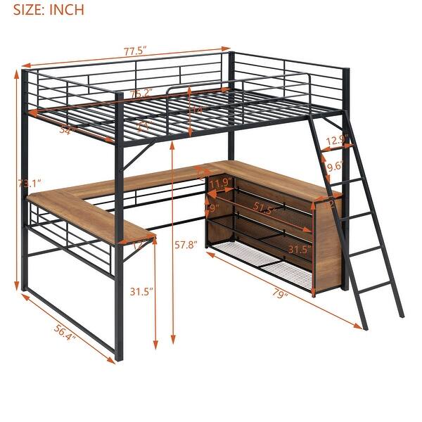 dimension image slide 1 of 2, Full Size Metal Loft Bed with 3 Layers of Shelves and L-shaped Desk
