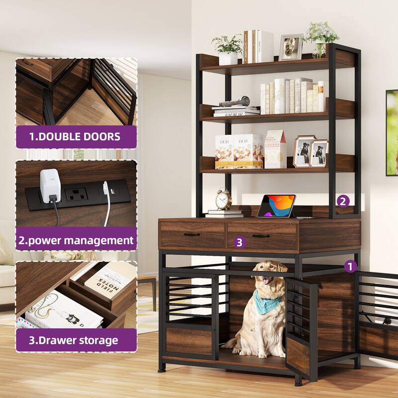 Dog Crate Furniture with Storage Shelves And Charging Station