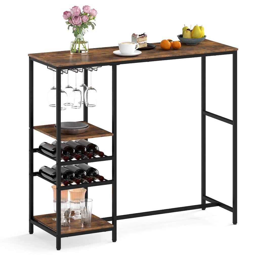 Costway 48" Long Bar Table with Storage Shelves Wine Racks & Stemware - Rustic Brown + Black - See Details