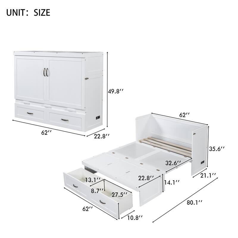 Space-Saving Design Murphy Bed with USB Ports, Large Drawers and Metal Handles