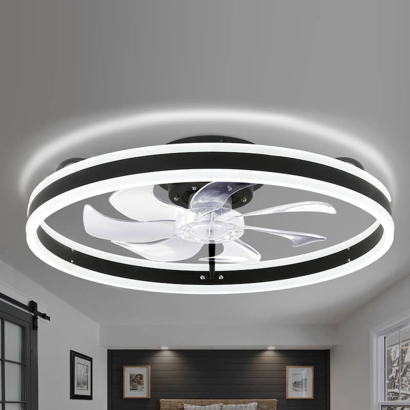 Oaks Aura Modern 20in. Low Profile Ceiling Fan with Light, 6-Speed Flush Mount Ceiling Fan, Smart App Remote Control For Bedroom - Black