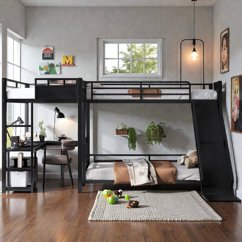 Metal Triple Bunk Bed with L-Shaped Desk, Storage Shelves & Slide, Twin/Twin XL over Full/Queen Space-Saving Loft Design